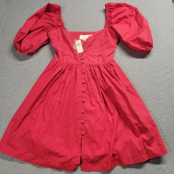 Anthropologie Maeve Puff-Sleeved Sweetheart Mini Dress Size Medium Red NEW - Picture 1 of 13